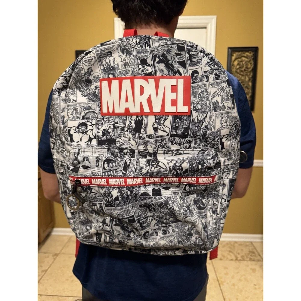 Marvel comic book pattern backpack -white&blk With Red Trim